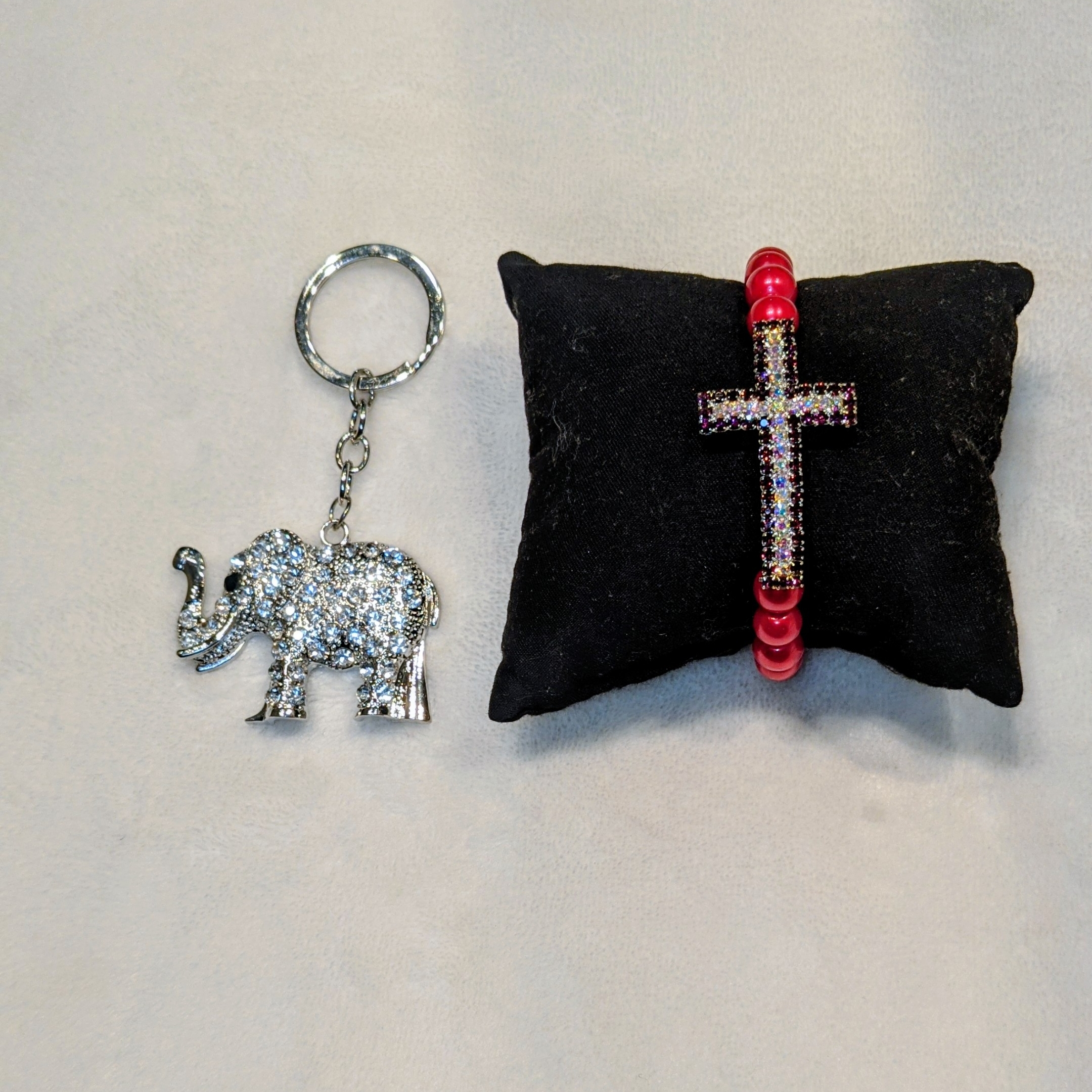 Silver Elephant Keychain And Red Beaded Cross Bracelet